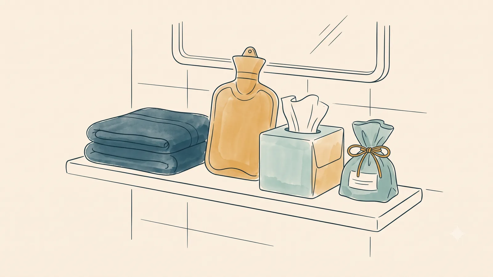 A bathroom shelf a single dad has stocked with pads, a hot water bottle and a wrapped pouch for his daughter