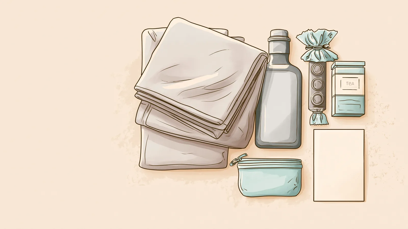 Period care package for girlfriend: a flat-lay of blanket, ginger tea, heat, snack and a handwritten note