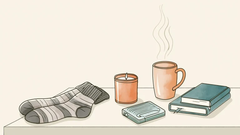 Gifts for someone with period cramps: cozy socks, candle, mug, heat and a book