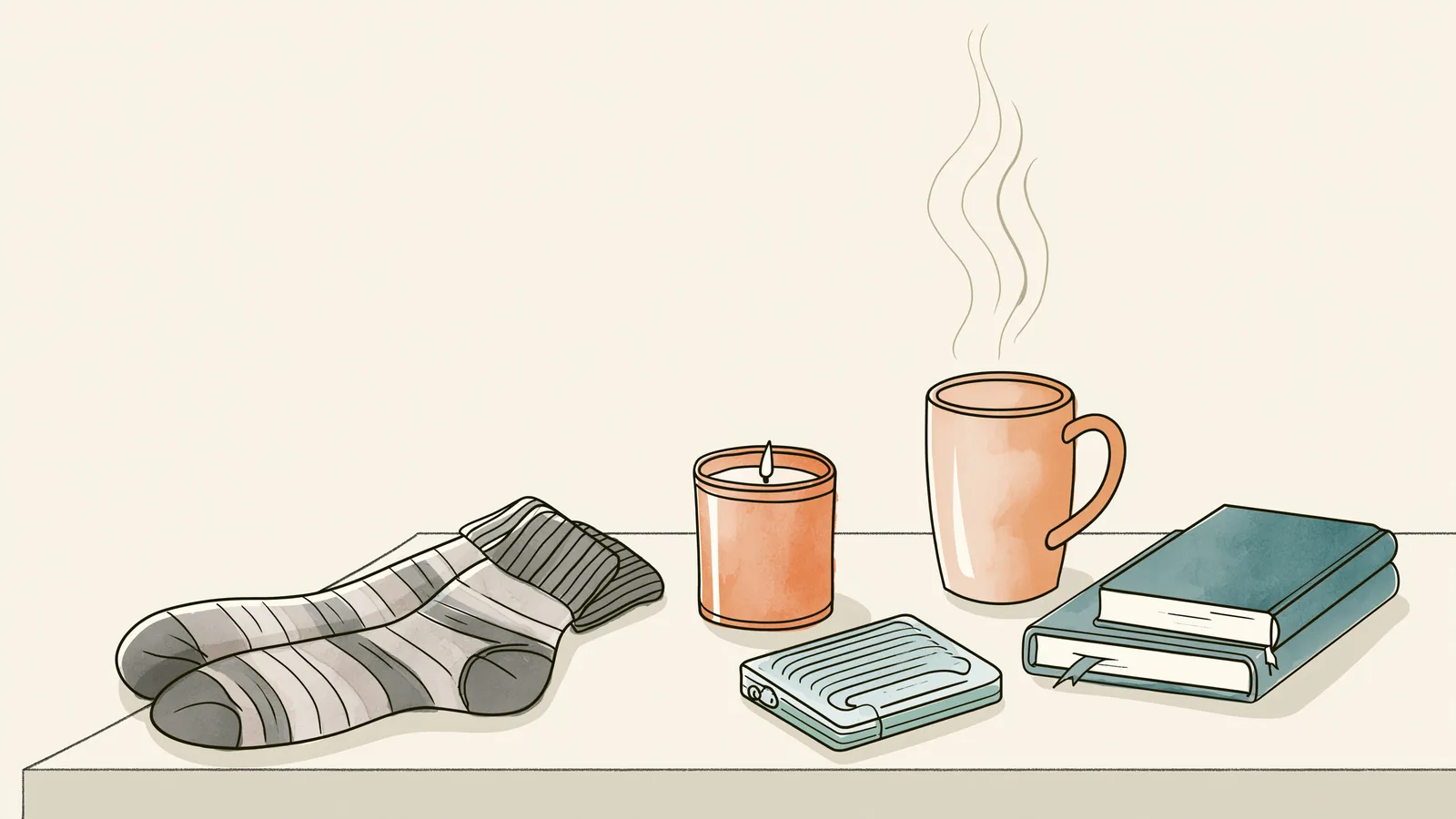 Gifts for someone with period cramps: cozy socks, candle, mug, heat and a book