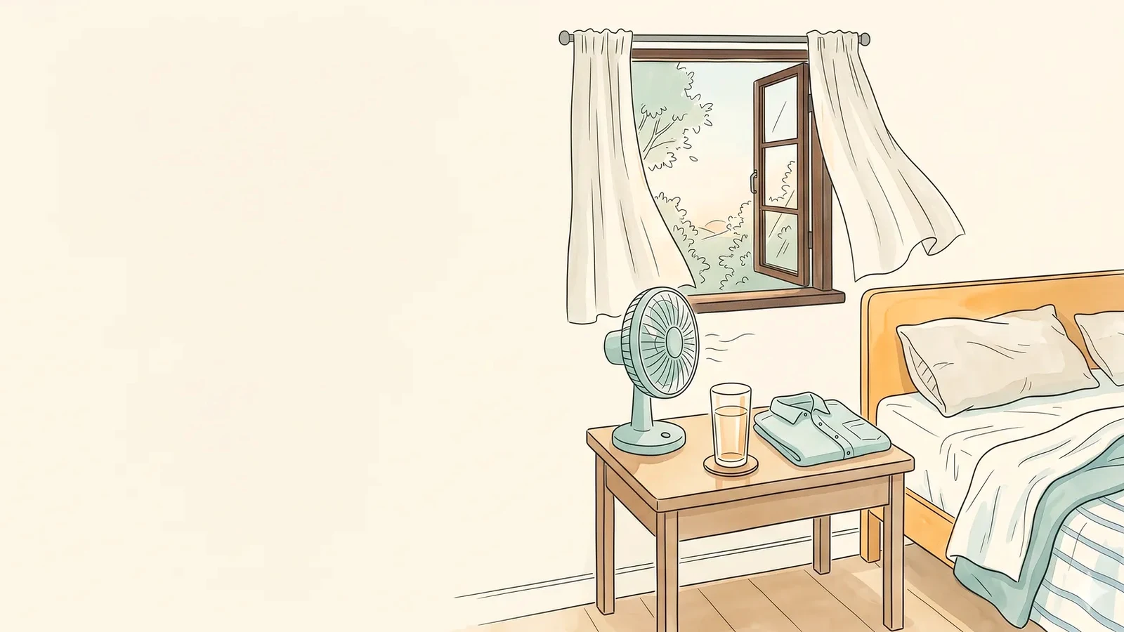 Cool dark bedroom set up to ease period insomnia - fan, glass of water, fresh bedding