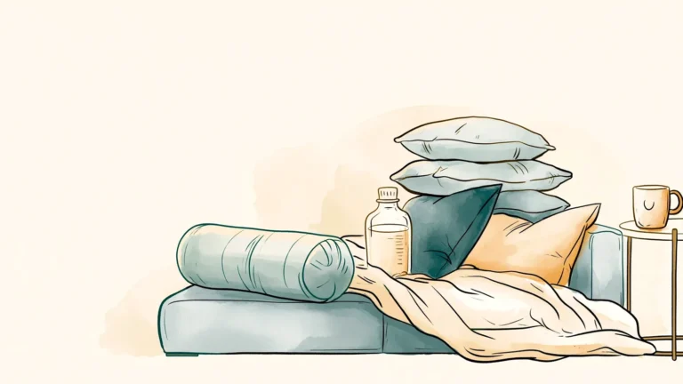 Couch rest setup with pillows, bolster and blanket - best positions for period cramps