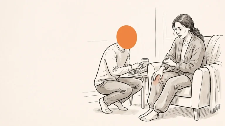 Illustration of a man kneeling to hand a warm cup to his partner resting in an armchair