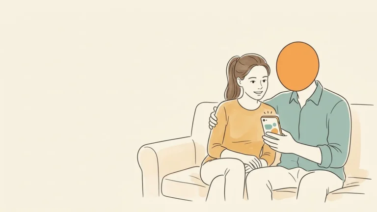 A couple sitting shoulder to shoulder on a couch looking at one phone together