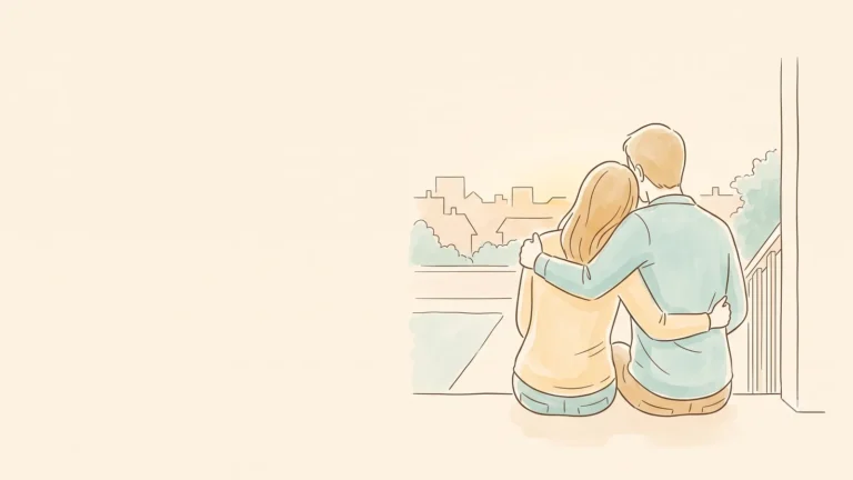 A couple seen from behind on a porch step at dusk, his arm around her shoulders