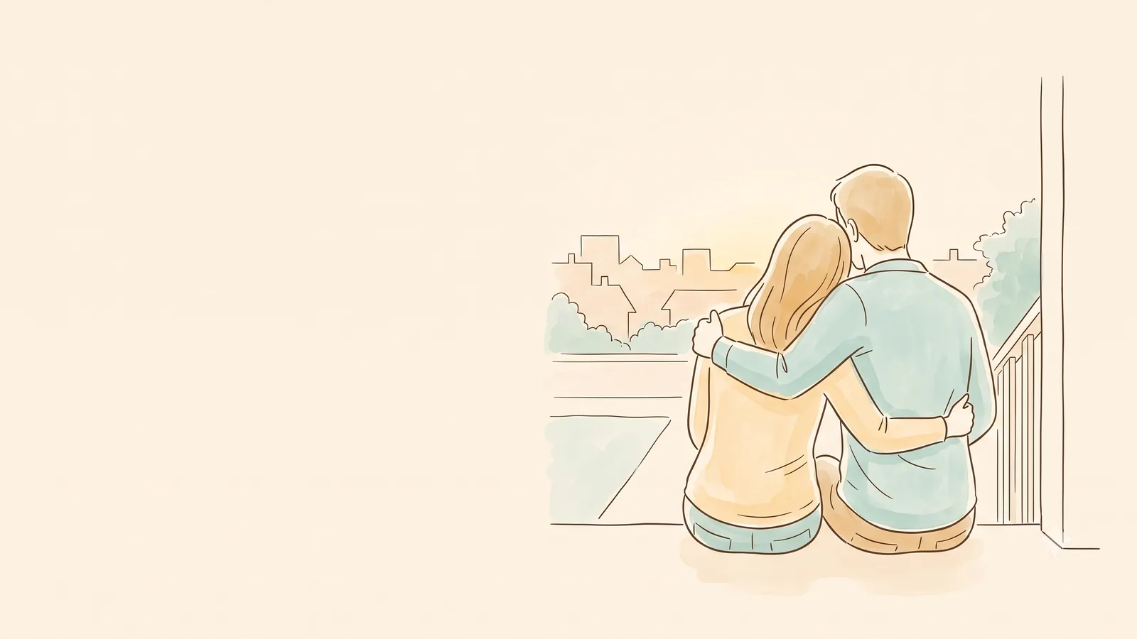 A couple seen from behind on a porch step at dusk, his arm around her shoulders