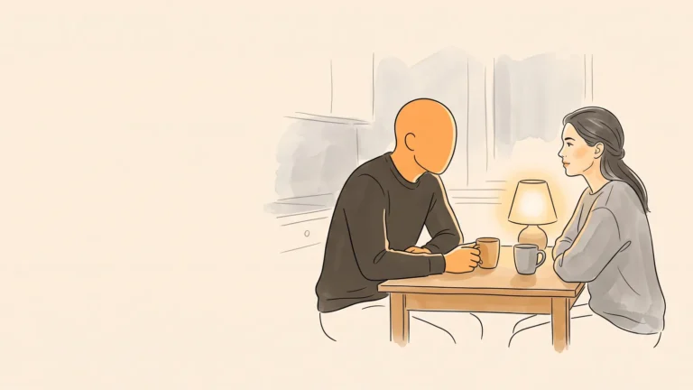 A man listening to his partner across a kitchen table in the evening, two mugs between them