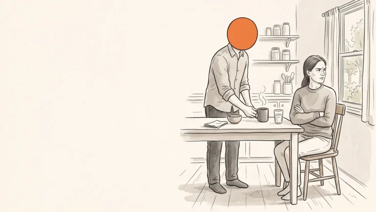 Line-art illustration of a man preparing tea for his partner seated at the kitchen table