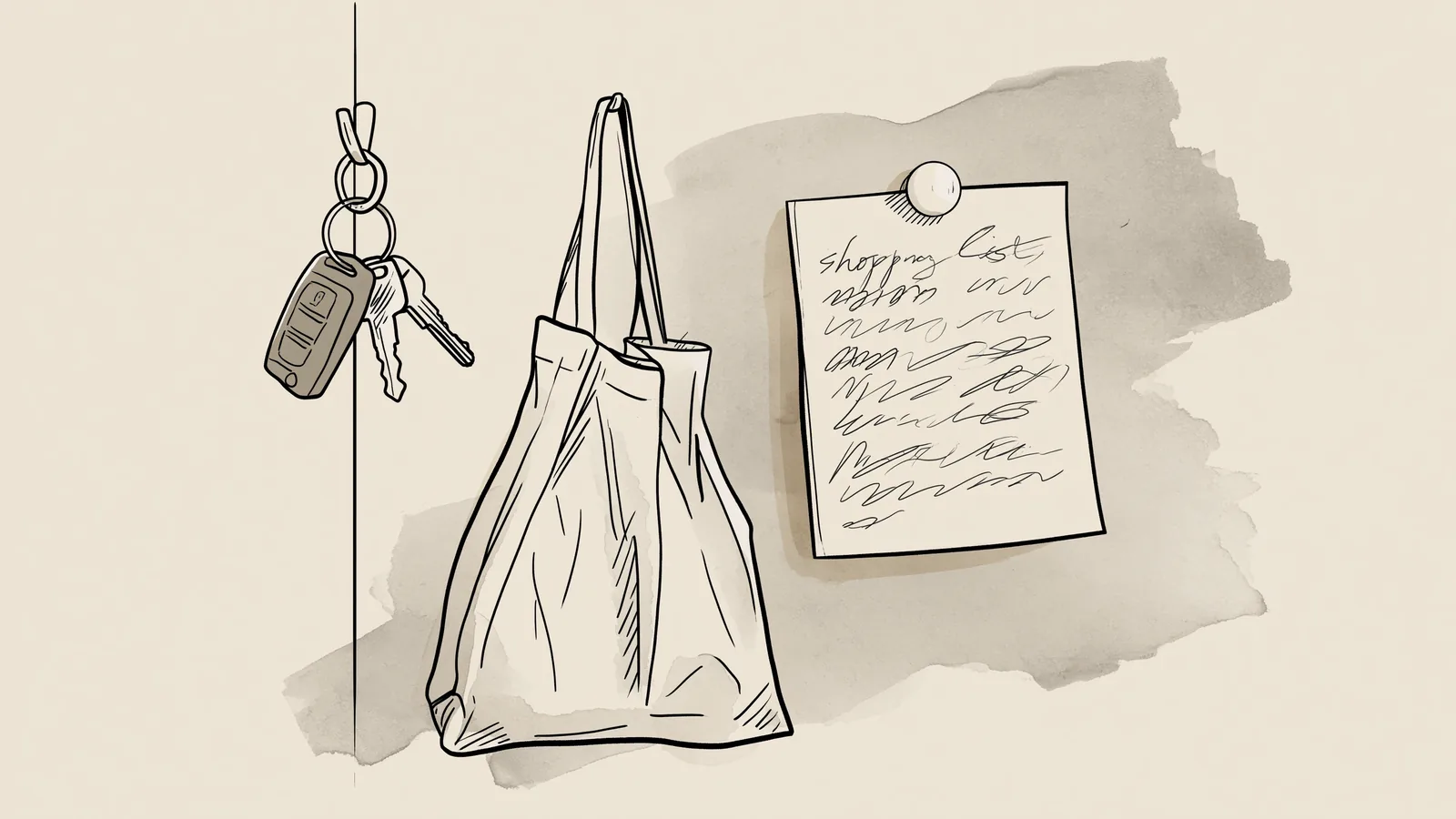 Keys, a bag and a shopping list on hallway hooks, ready to run an errand for her while she rests