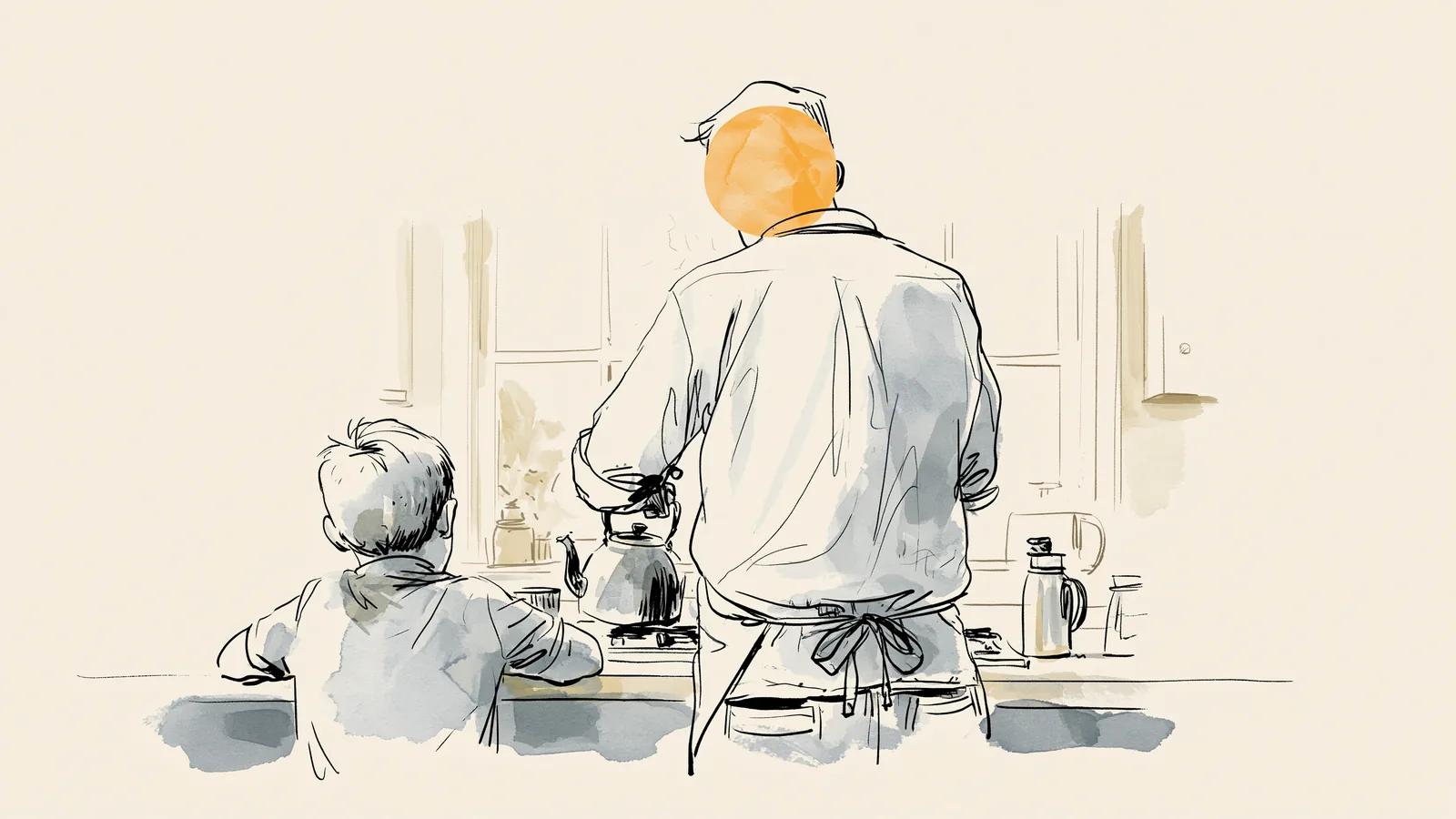 talk to your son about periods: a father and his son at the kitchen counter, seen from behind