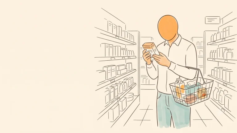 A father reading the label of a small box in a store aisle with a shopping basket