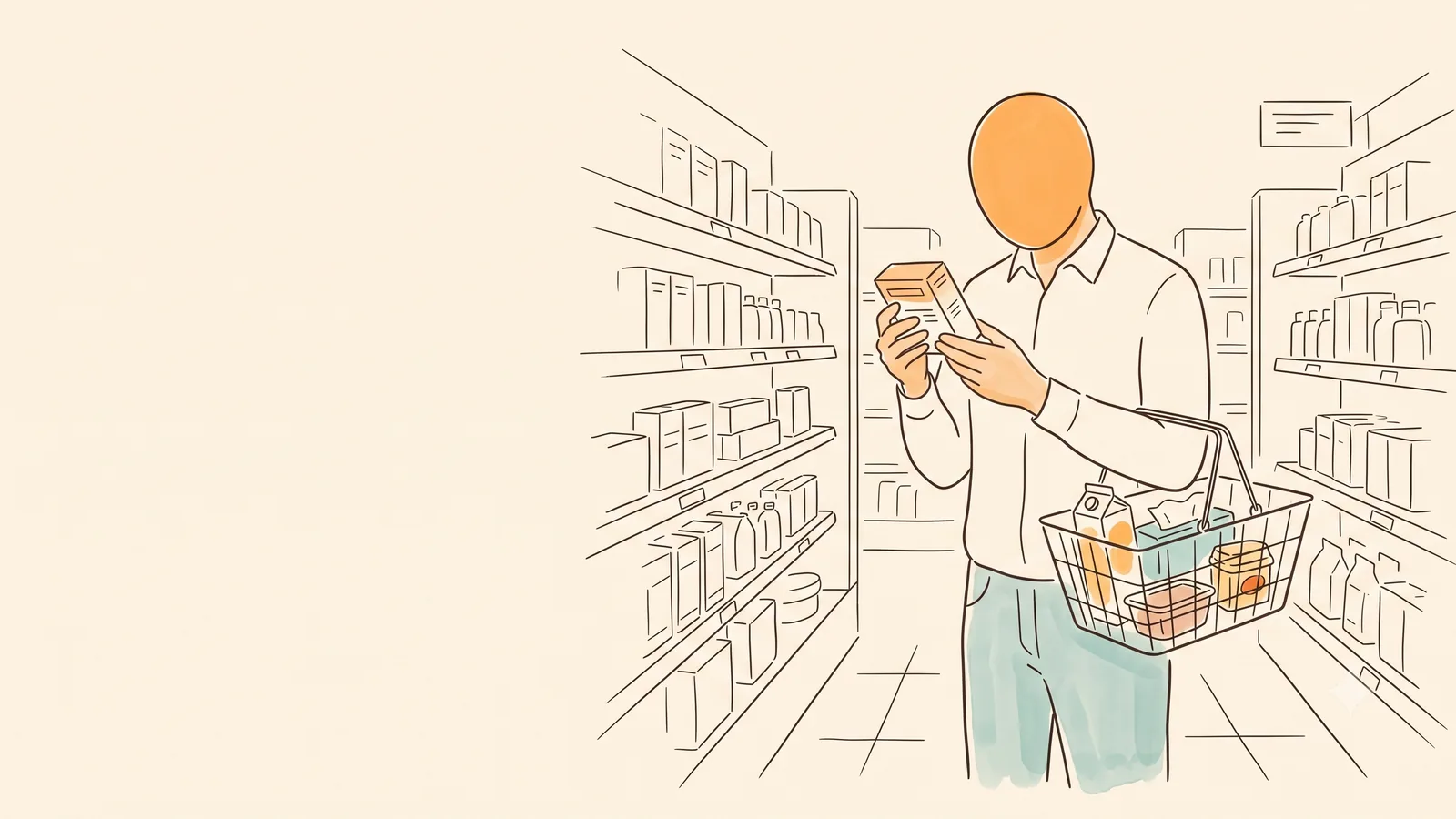 A father reading the label of a small box in a store aisle with a shopping basket