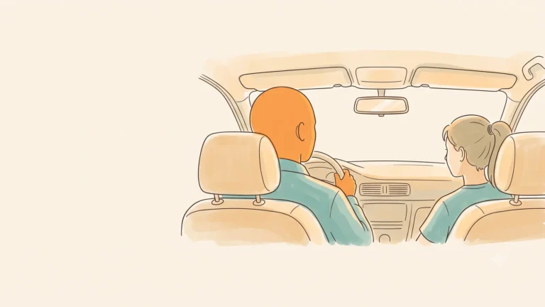 A father and teenager in the front seats of a parked car seen from behind