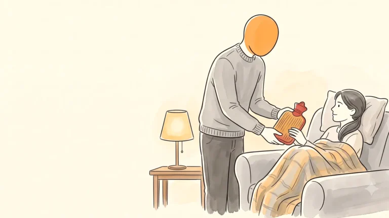 How to help with period cramps: a partner brings a hot water bottle to her on the couch