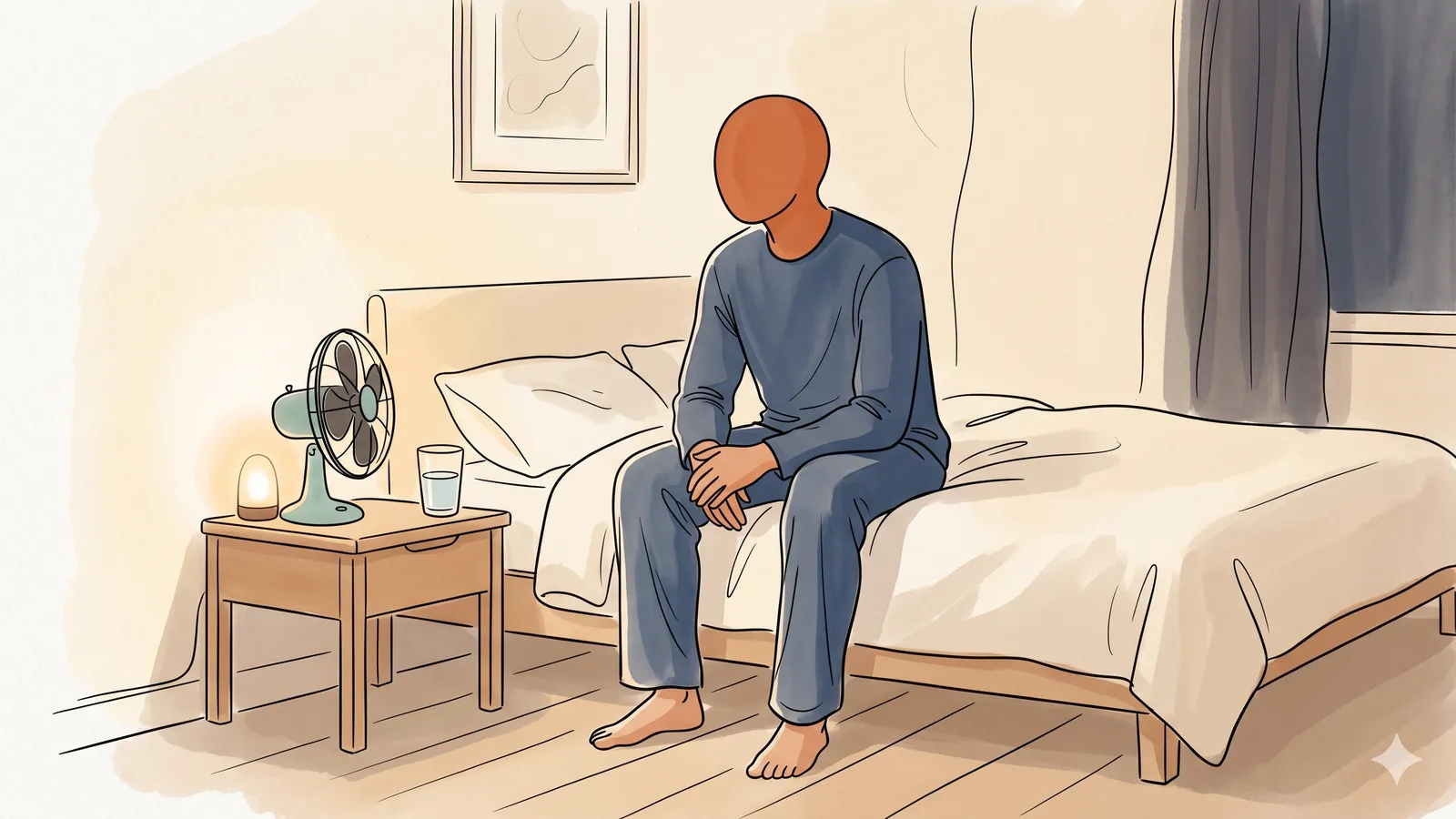 A partner sitting on the edge of the bed at night, ready to help her rest comfortably during her period
