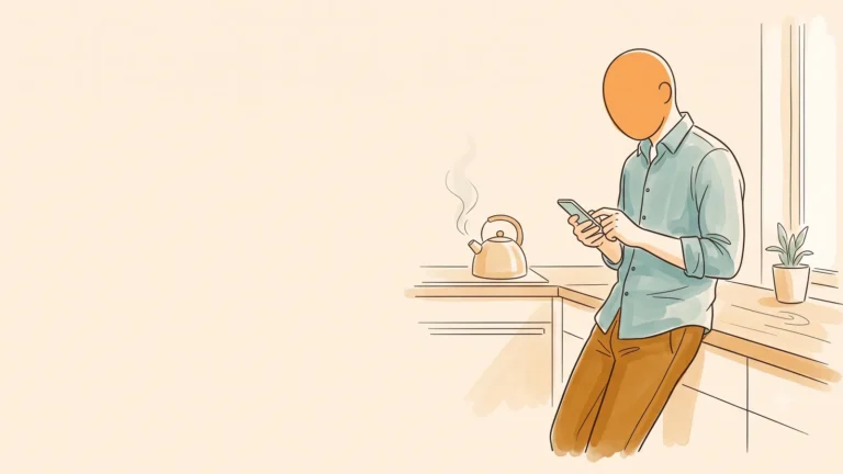 A man leaning against the kitchen counter carefully typing a message, kettle steaming