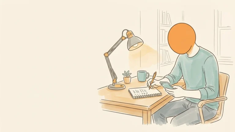 A man at a desk comparing options with a phone and an open notebook under a lamp