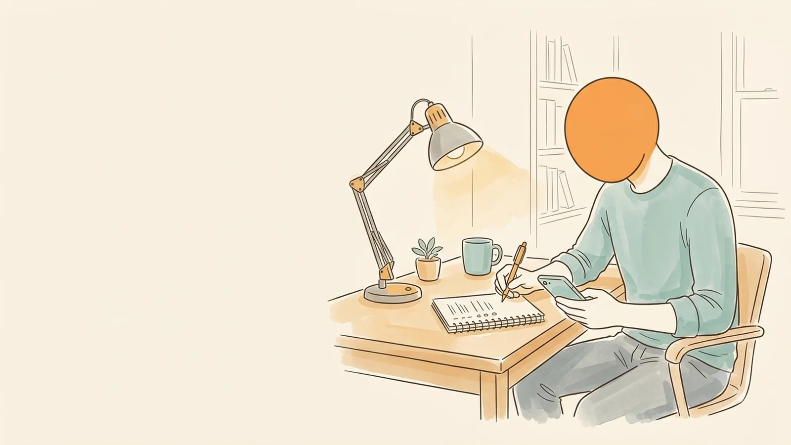 A man at a desk comparing options with a phone and an open notebook under a lamp