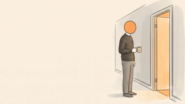 A man waiting patiently in a hallway with a mug outside a partly open door at night