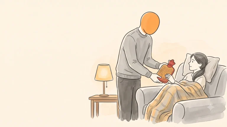 A man gently handing a hot water bottle to his partner curled up on the couch
