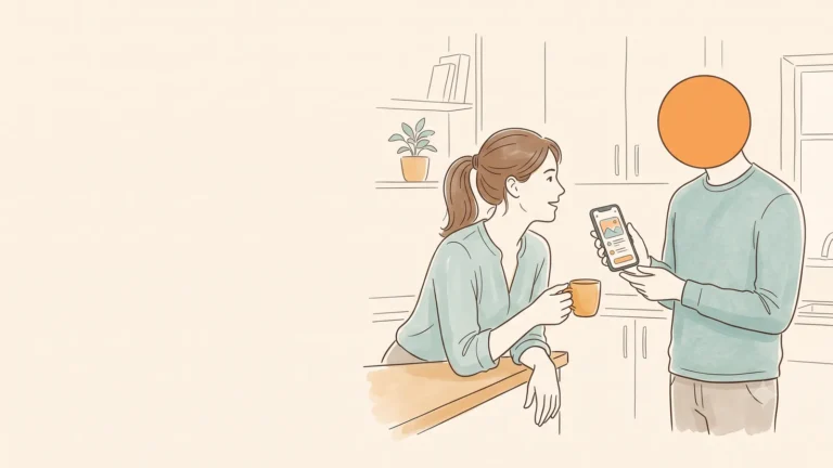 A man showing his phone screen to his partner in the kitchen as she holds a tea mug