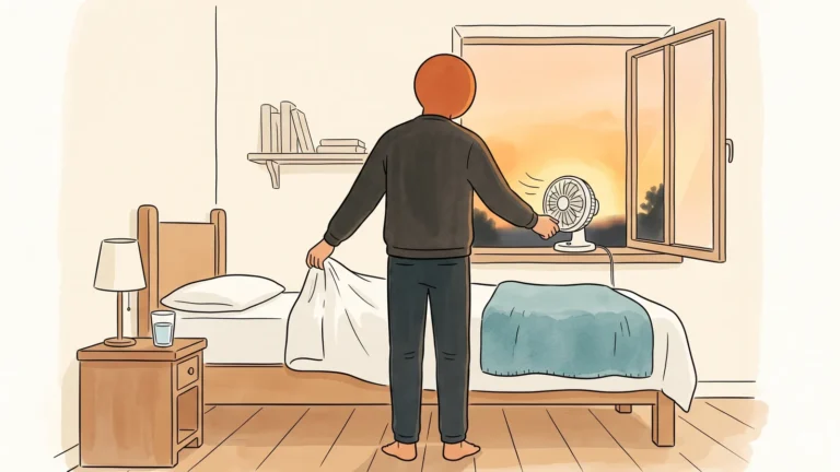 Illustration of a man making the bed near an open window with a fan at sunset