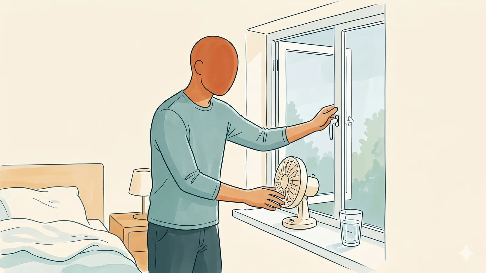 A partner opening a bedroom window to keep her cool and comfortable during her period