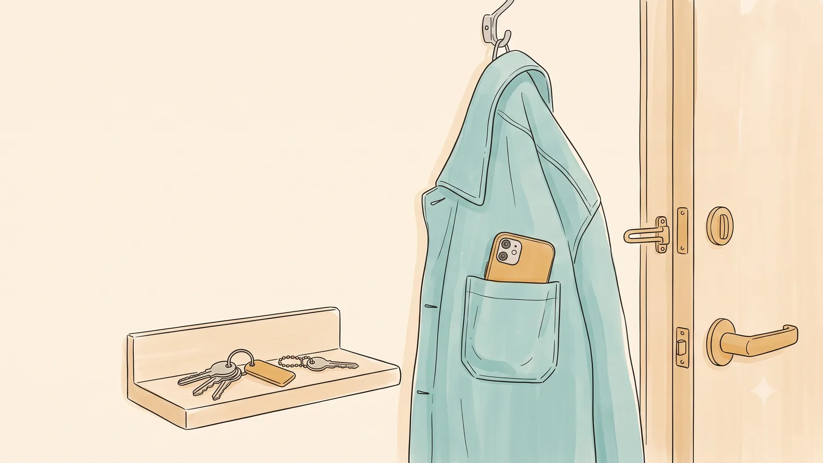 A phone in a jacket pocket by the door, a free period tracker for partners ready to check