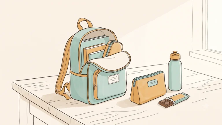 An open school backpack with a zip pouch, water bottle and chocolate bar on a table
