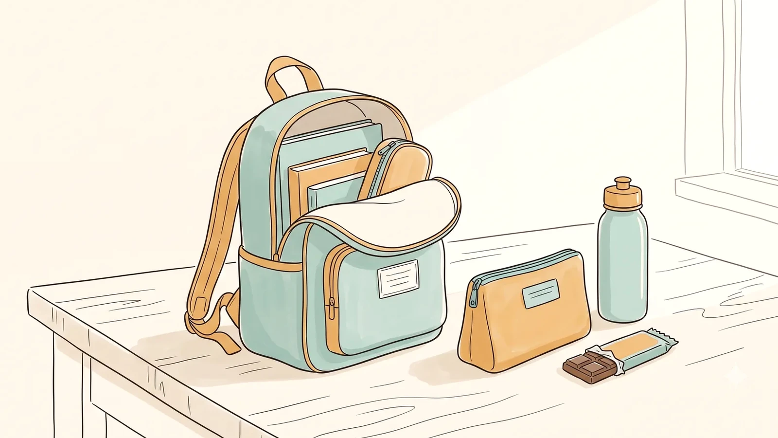 A packed school bag with a discreet period kit, for handling a daughter period at school