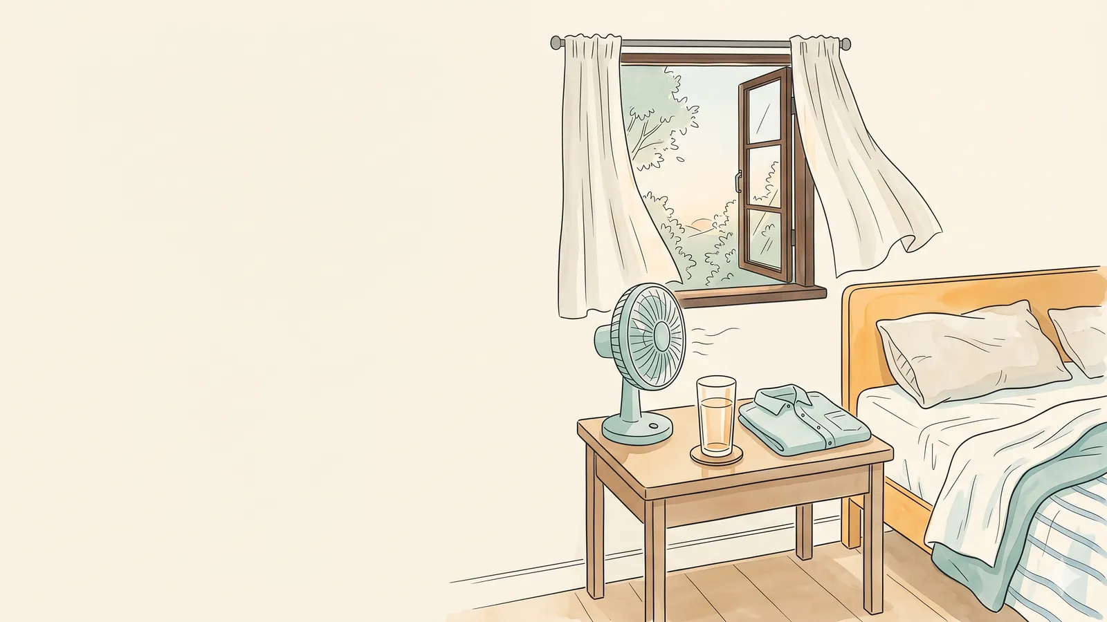 A dark bedroom set up for a period night: a fan by the window and a glass of water on the nightstand