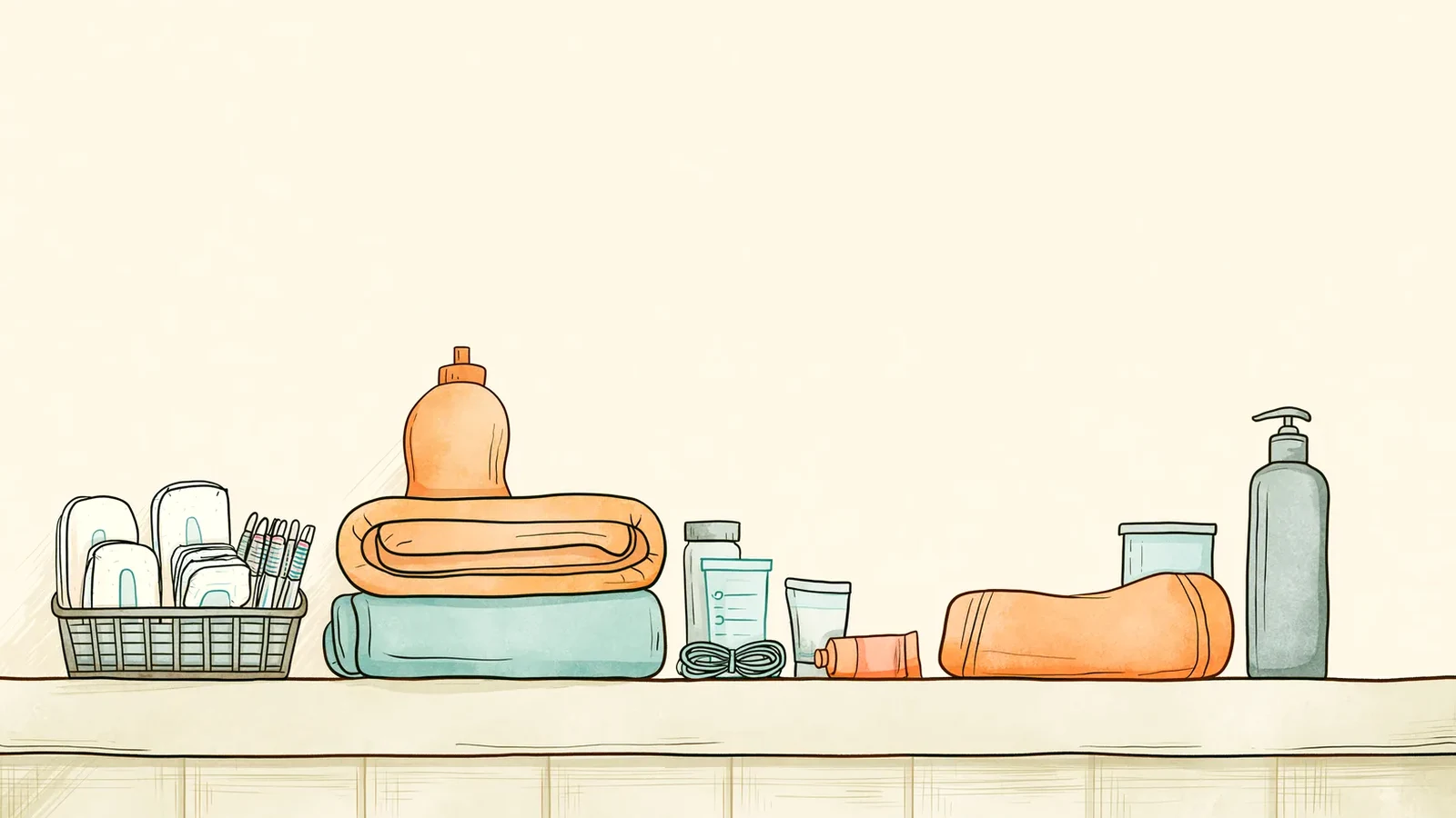 Stocked bathroom shelf with towels and supplies - how to help with heavy periods