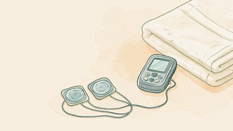 TENS unit for period cramps: electrode pads and a towel laid out ready to use