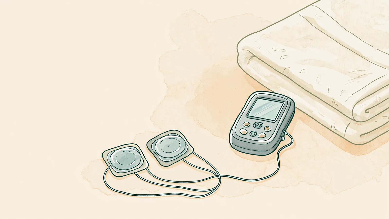 TENS unit for period cramps: electrode pads and a towel laid out ready to use