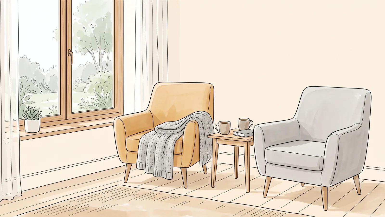 Two chairs by a window with a blanket and mugs, a shared ritual that steadies a PMDD relationship long term