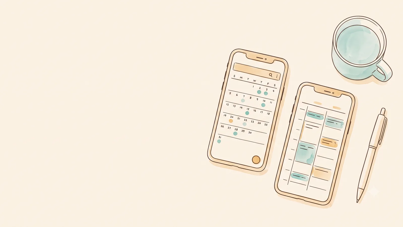Two smartphones side by side comparing calendar app layouts with coffee and a pen
