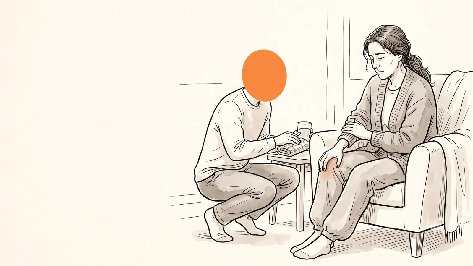 A partner kneeling beside her armchair with tea during a hard premenstrual week, illustrating a PMDD guide for partners