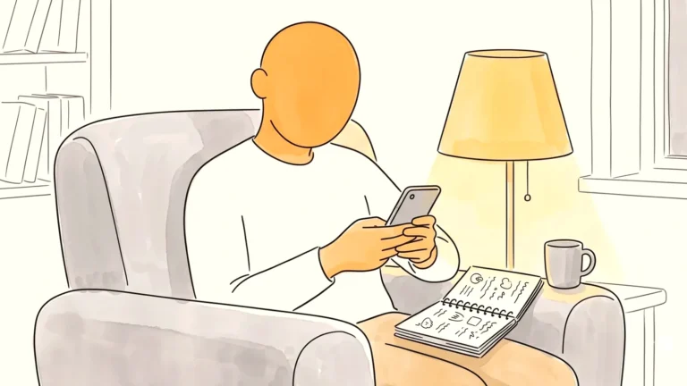 Father in an armchair at night booking a follow-up appointment about endometriosis in teenage girls