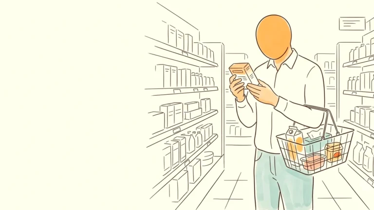 Dad reading a box in a store aisle, stocking up for her period at two houses