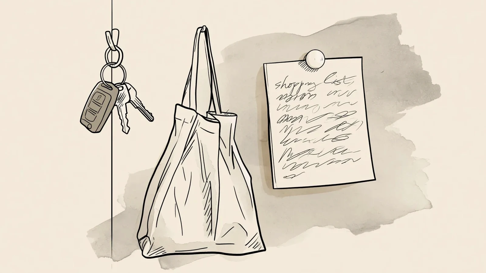 keys, bag, and shopping list by the hallway door during her PMDD and work week