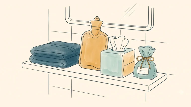 Period blood color: a calm bathroom shelf stocked for the first days of a period