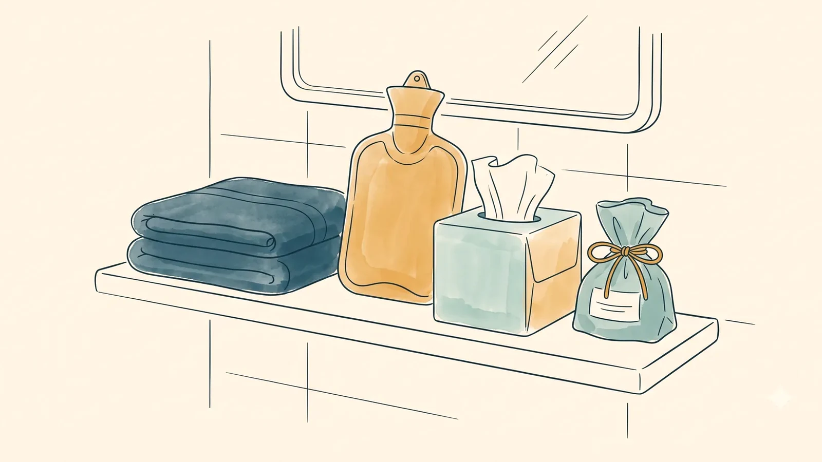 Period blood color: a calm bathroom shelf stocked for the first days of a period