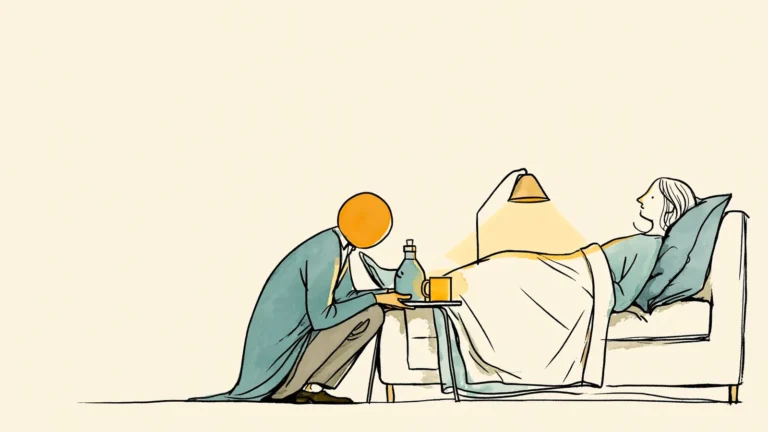 Partner setting down a tray beside her while she rests, weeks into a period after pregnancy