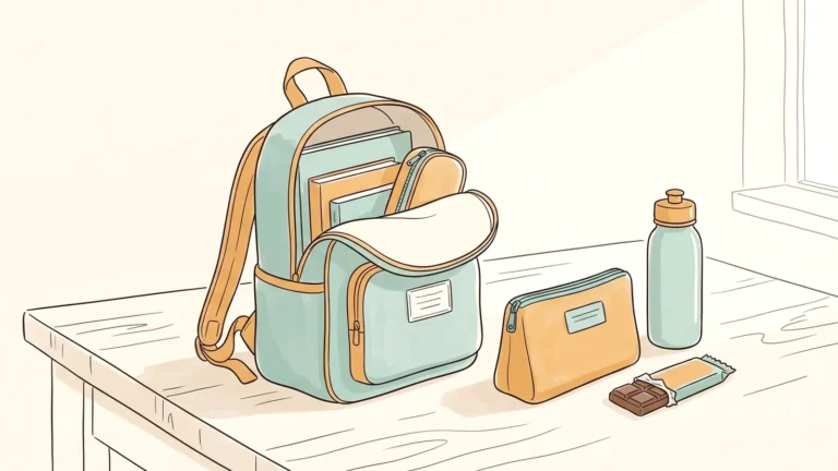 Daughter period and sports: a sports bag packed with a period kit, water bottle and snack