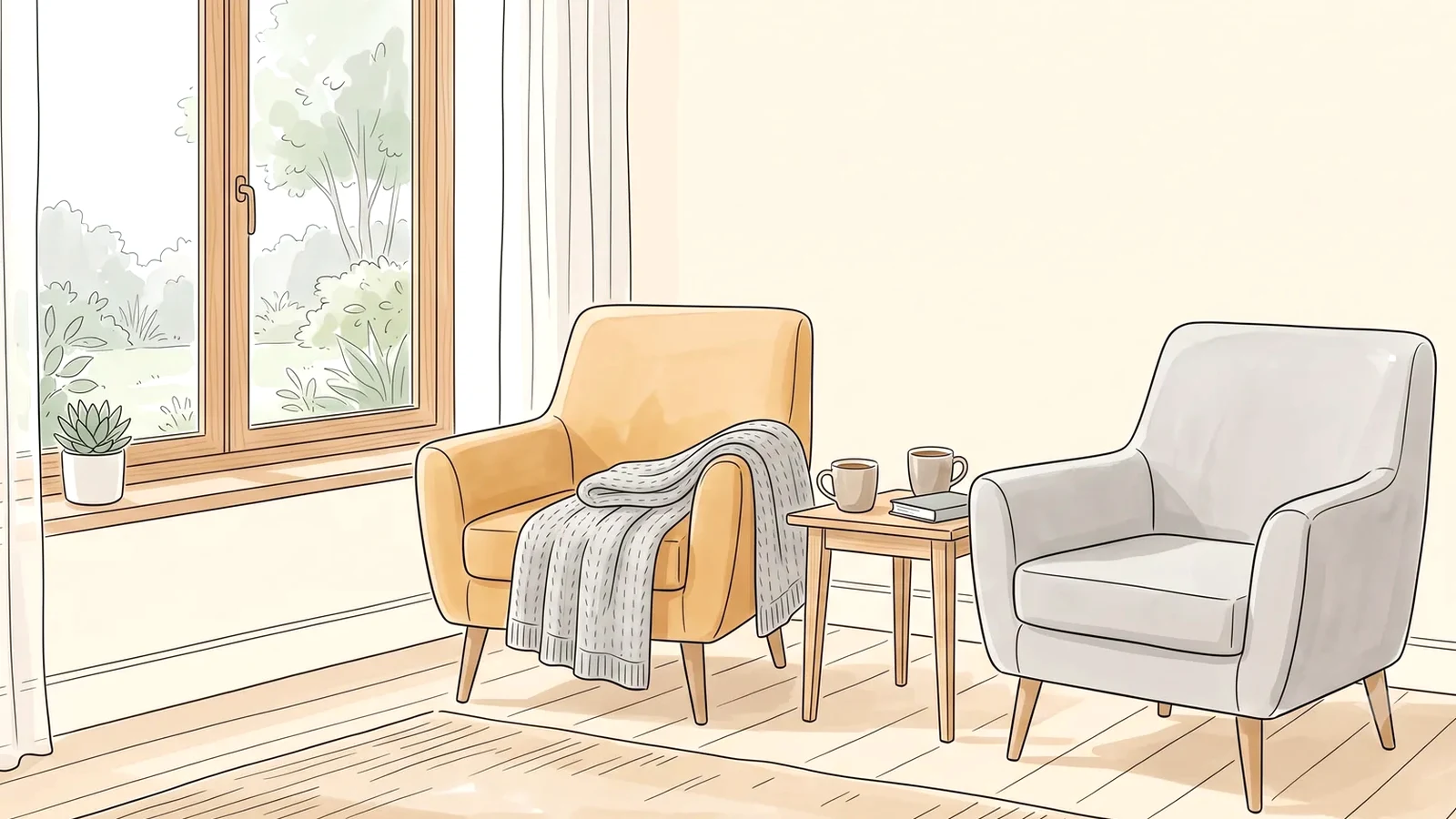 Two chairs by a window in the quiet weeks before her period after miscarriage