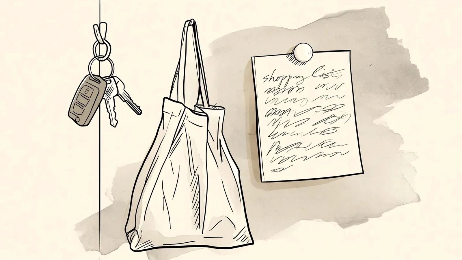 Hallway bag, keys and list for handing over between her period at two houses
