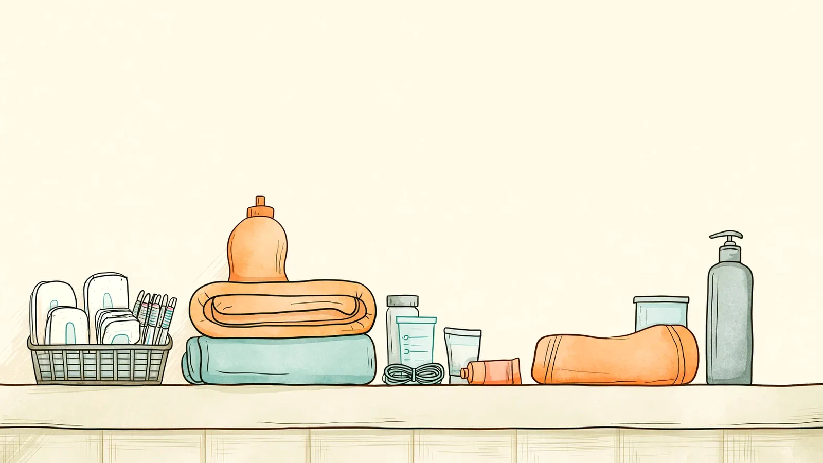 Bathroom shelf stocked with backup period supplies while she tries a menstrual disc