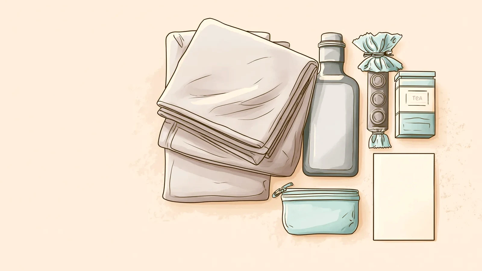 Flat-lay of a towel, water bottle, tea and pouch for a first cycle with a menstrual disc