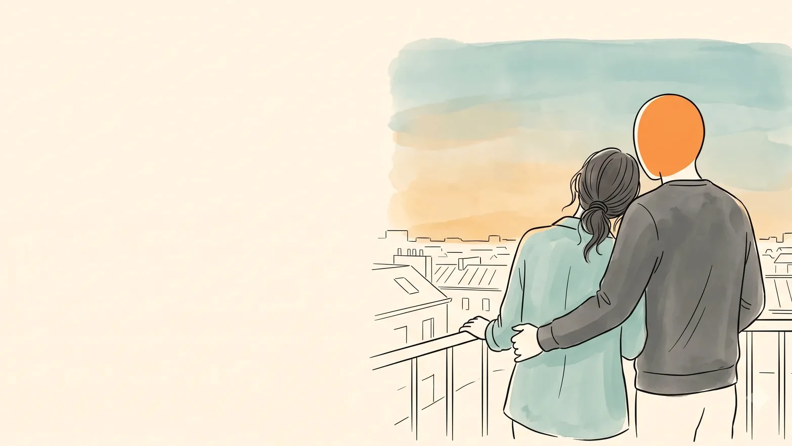 Couple on a balcony at dusk seen from behind, talking through a short menstrual cycle in her forties