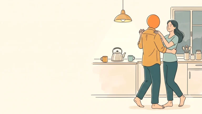 Couple slow dancing in a kitchen, planning around a period on honeymoon